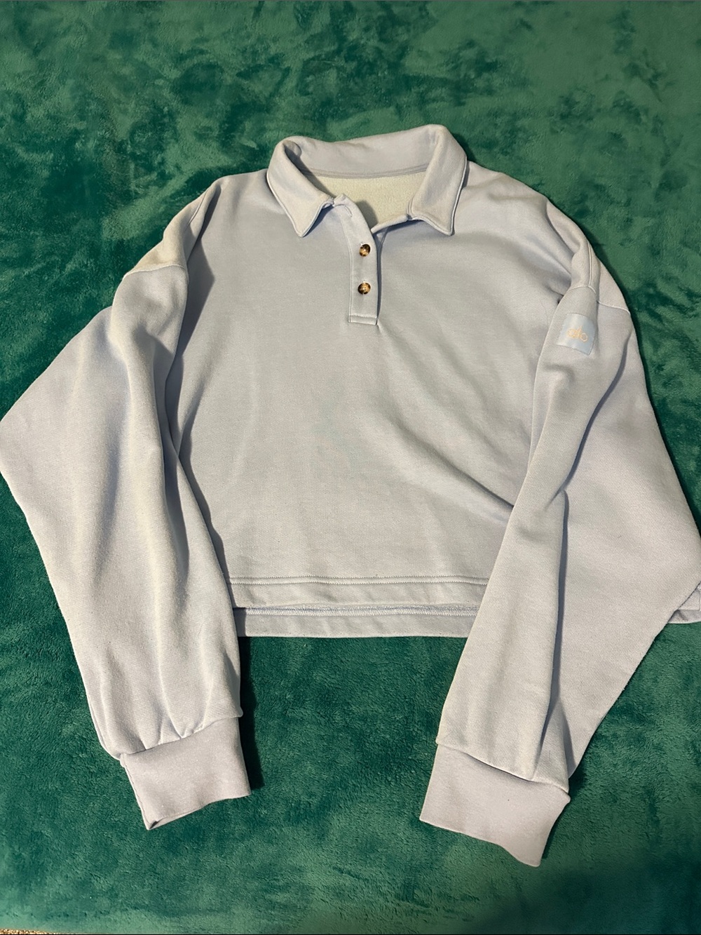 ALO Light Blue Collared Cropped Sweatshirt - Women Sweater